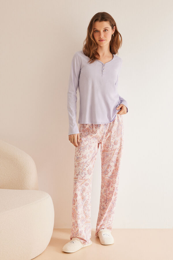 Womensecret Kasmírmintás, mályvaszínű hosszú pizsama, 100% pamutból rózsaszín