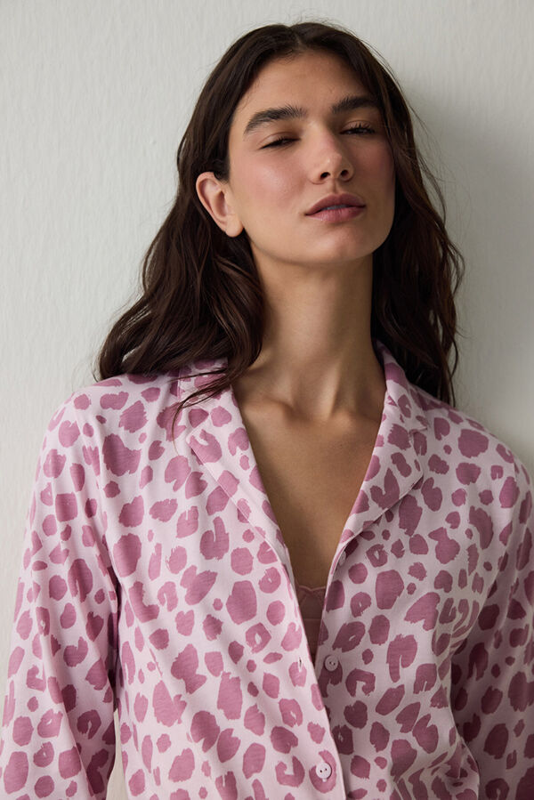 Penti Leopard Patterned Long Sleeve Button-Down Shirt Collar Pajama Set pink