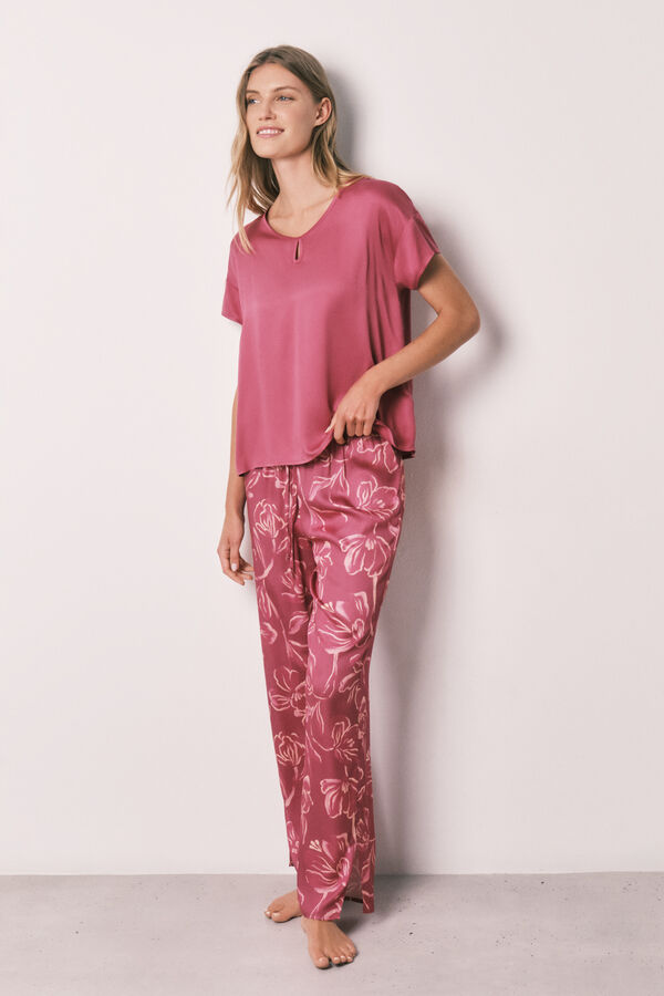 Women'secret Burgundy satin-finish short sleeve long pyjamas pink