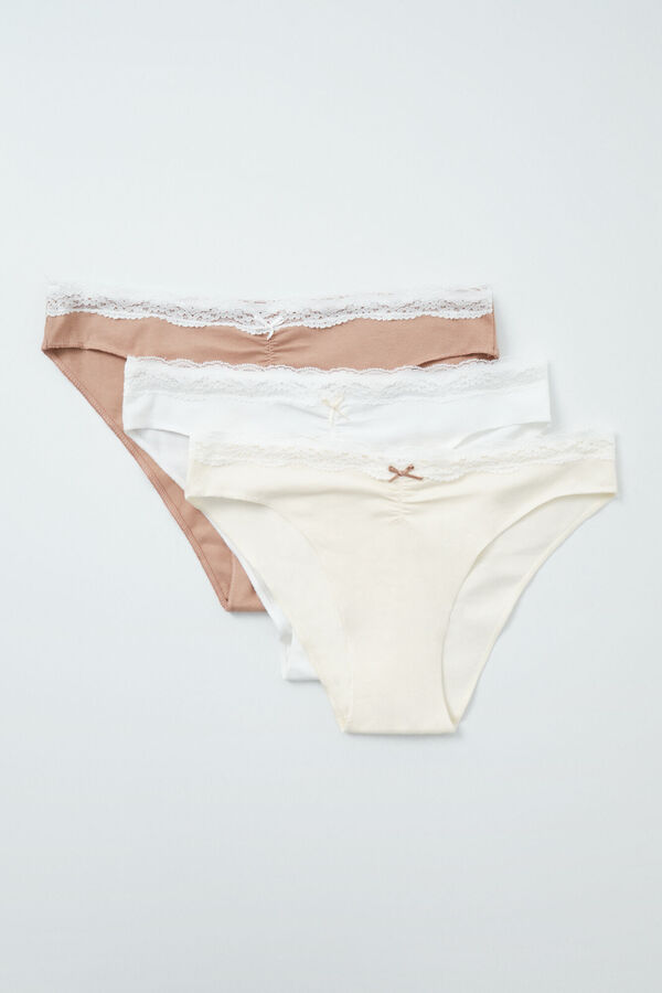 Women'secret Pack 3 bragas cl&aacute;sicas algod&oacute;n lisas encaje white