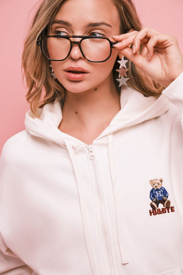 HI&BYE Beige faux shearling zip fastening hooded sweatshirt beige