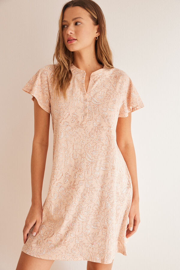 Womensecret Camisa de dormir curta 100% algodão com estampado de flores rosa