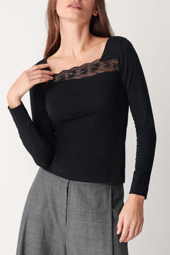 Womensecret Camiseta termal de mujer cuello   caja con encajes  manga larga  negro
