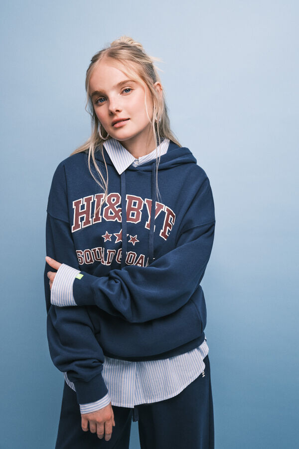 HI&BYE Blue fleece hooded sweatshirt logo blue