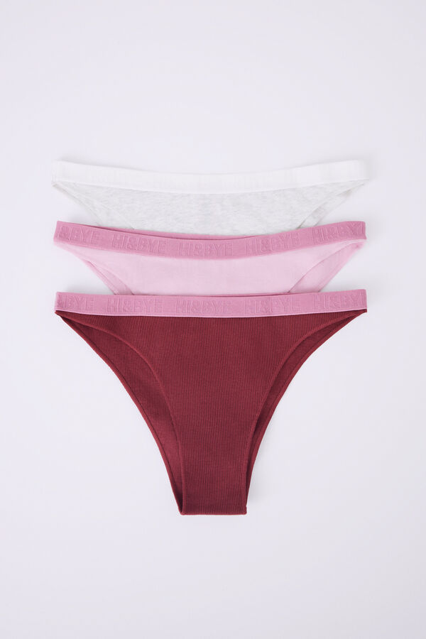 Womensecret Lot 3 tangas coton gris, rose et vin 