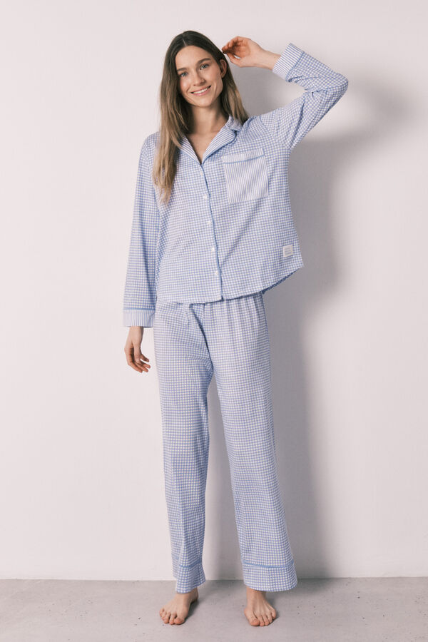 Women'secret Blue cotton classic long gingham print pyjamas blue