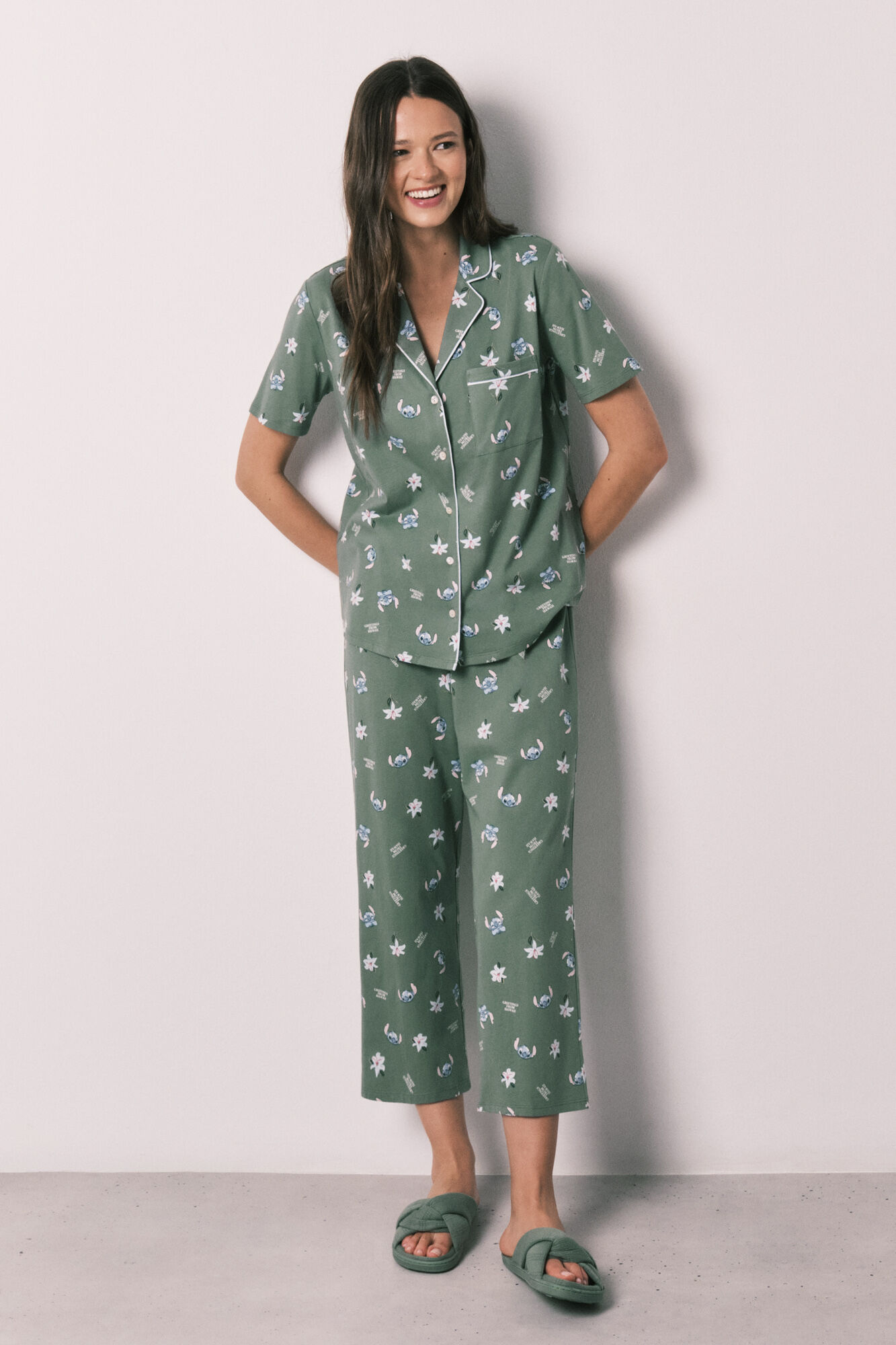 Women'secret Pijama camisero Capri Stitch verde