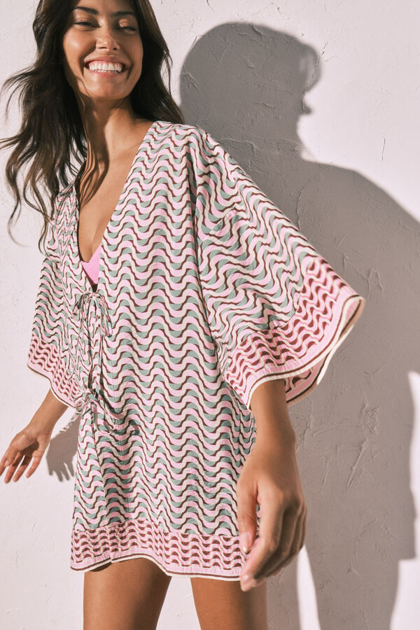 Women'secret Tunique kimono courte &agrave; imprim&eacute; g&eacute;om&eacute;trique imprim&eacute;