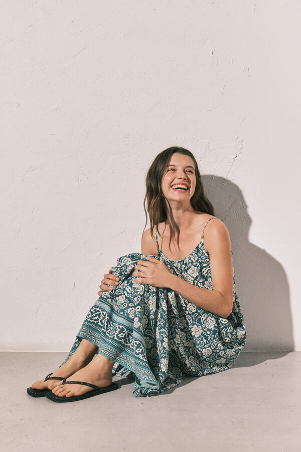 Women'secret Vestido comprido de al&ccedil;as estampado boho verde