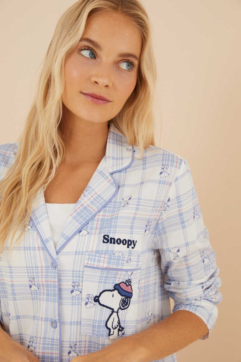 Womensecret Checked Snoopy long-sleeved nightgown blue