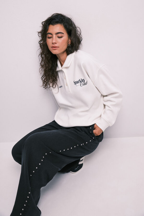 HI&BYE Cotton fleece polo sweatshirt beige