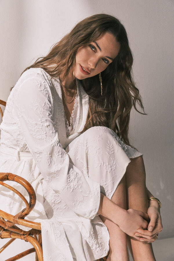 Women'secret Long satin jacquard robe in White beige