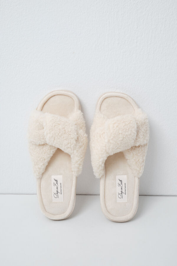 Women'secret White faux shearling knot slippers beige