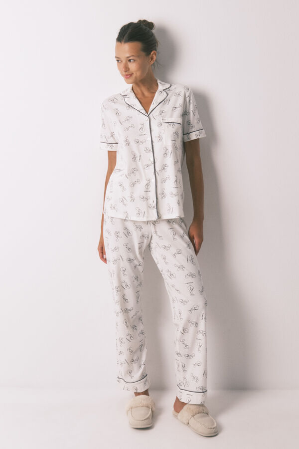 Women'secret Pijama camisero largo 100% algodón blanco Piolín blanco