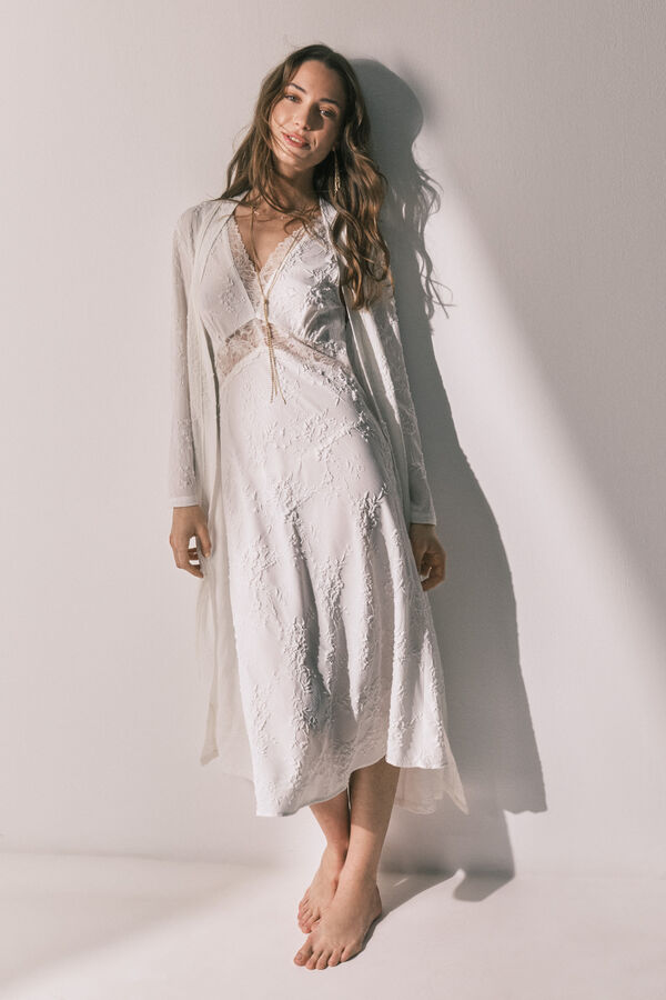 Women'secret Long satin jacquard robe in White beige
