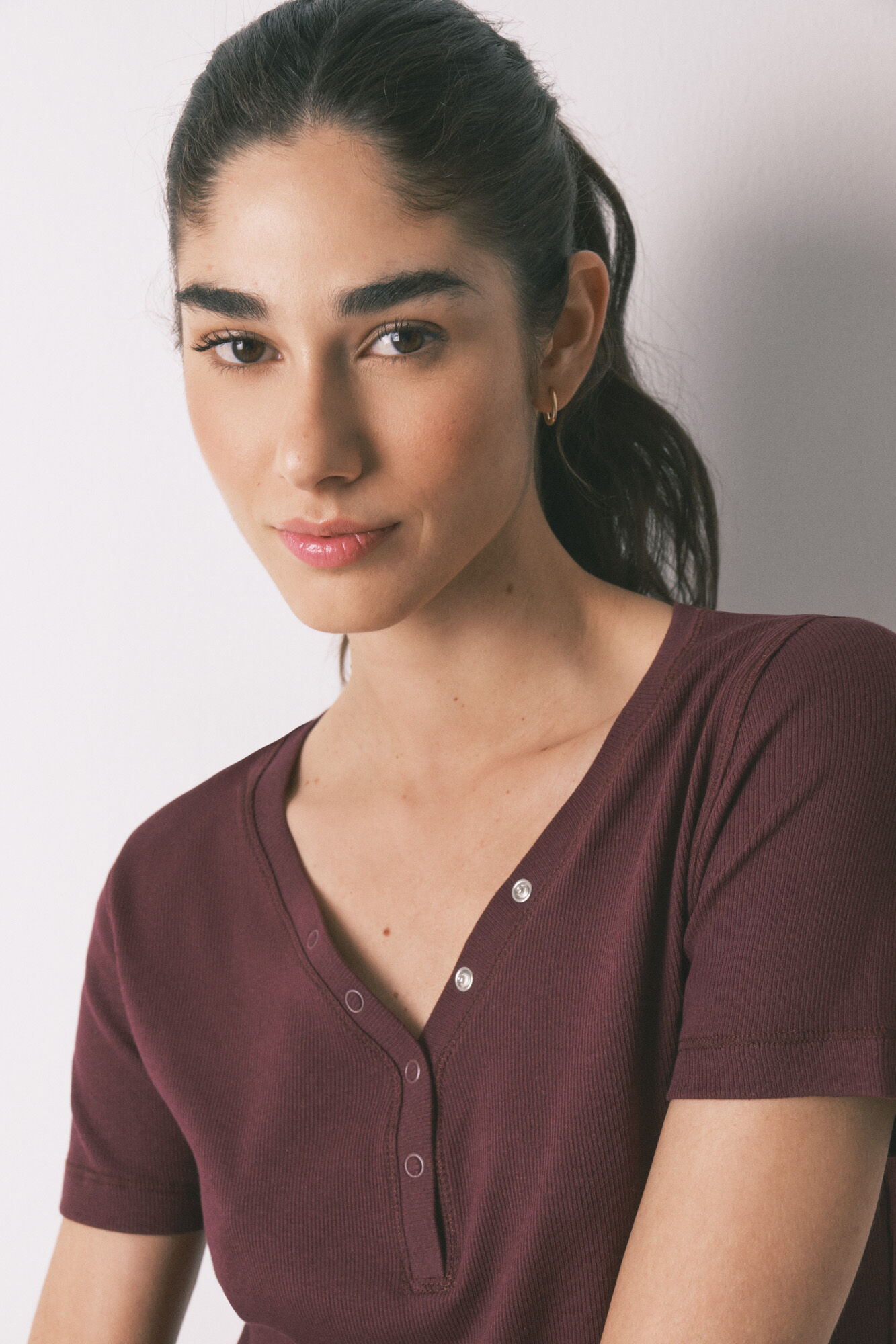 Women'secret Burgundy ribbed cotton short sleeve T-shirt