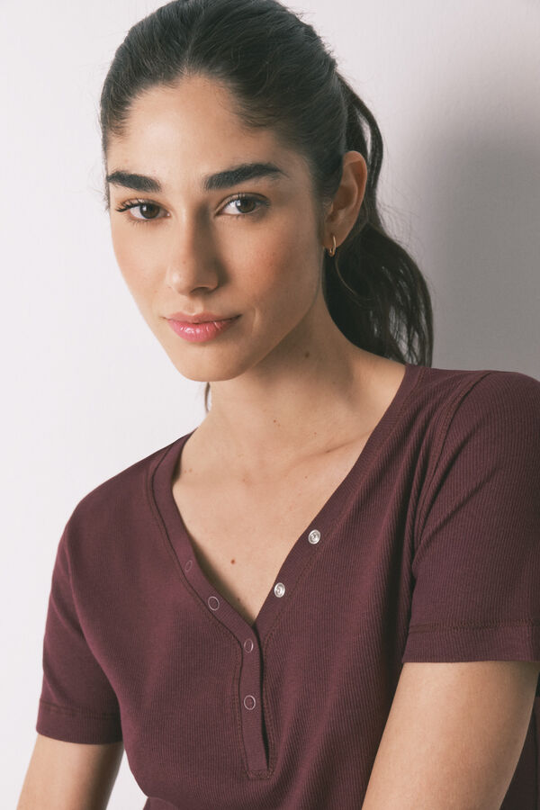 Women'secret Burgundy ribbed cotton short sleeve T-shirt red