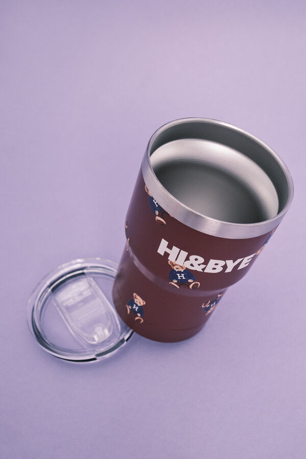 HI&BYE Burgundy logo thermal mug printed