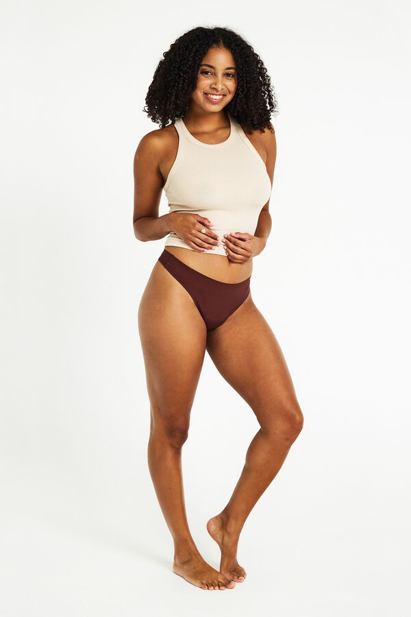 Modibodi Seamless menstrual thong recycled nylon Cocao light moderate absorption nude