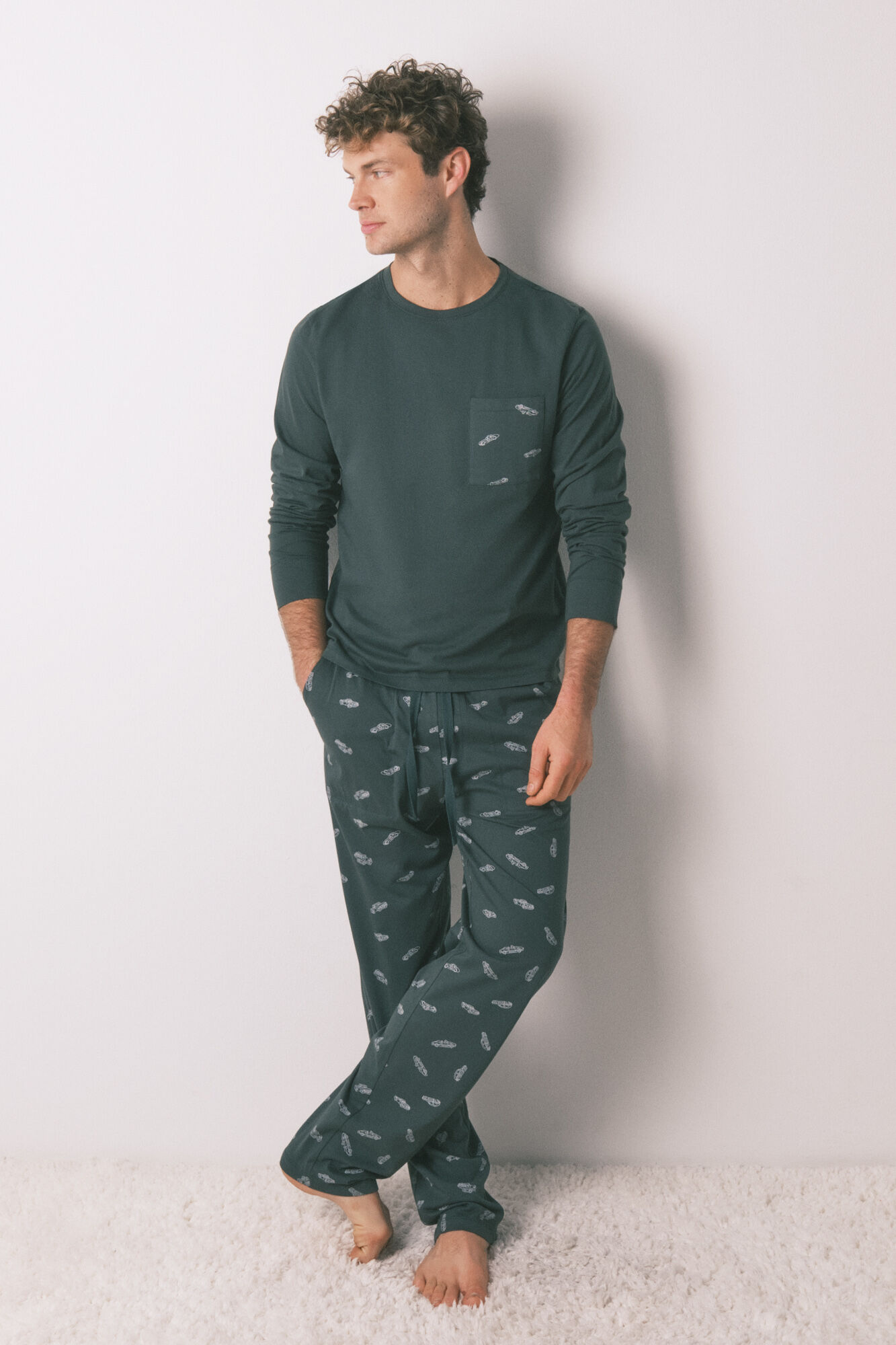 Women'secret Men's long pyjamas 100% cotton green cars