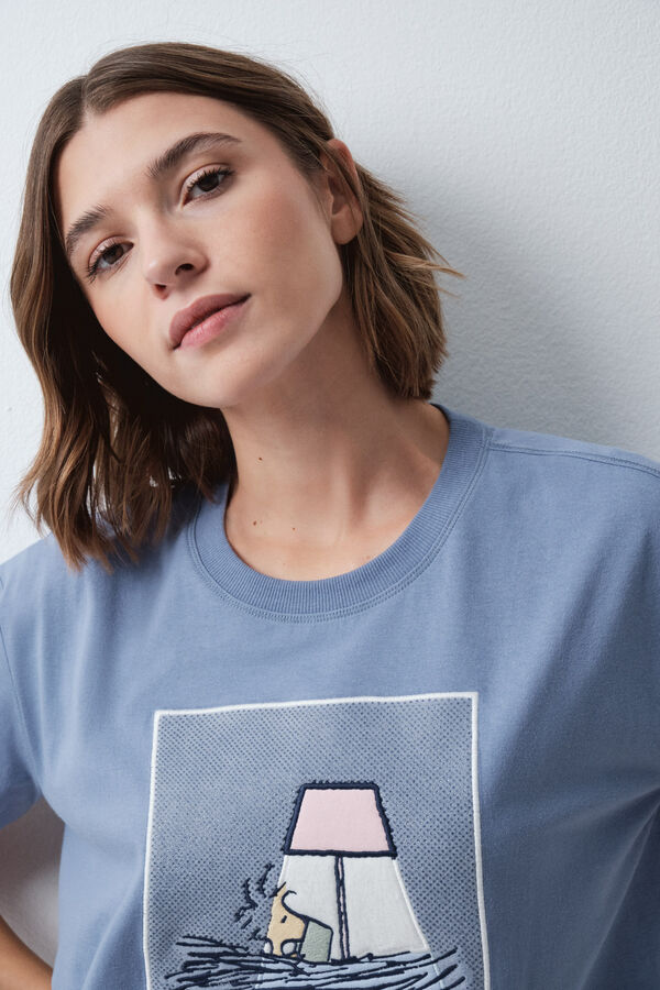 Women'secret Pyjama en coton &agrave; carreaux Snoopy manches courtes bleu
