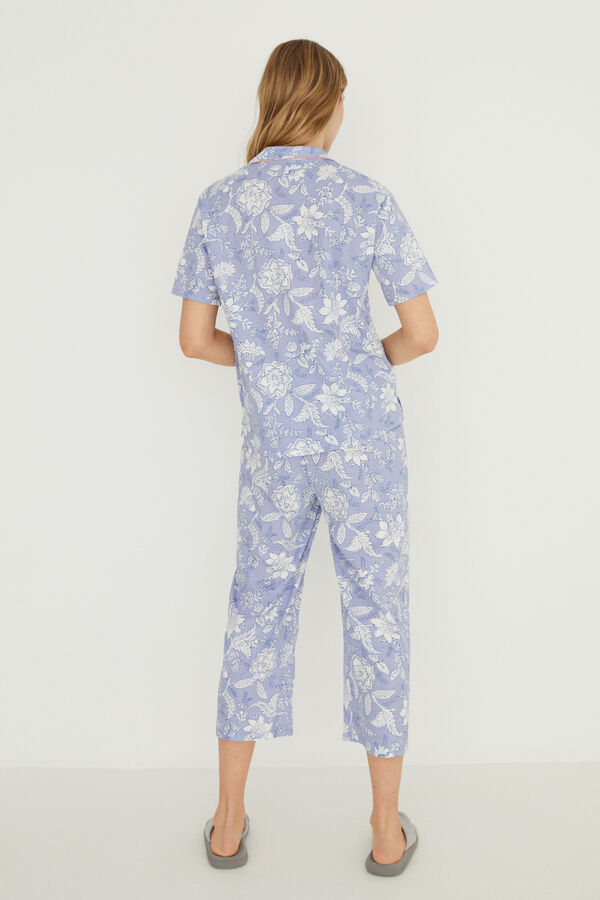 Womensecret Langer Pyjama Hemdlook 100 % Baumwolle Blau Blumen-Print Blau