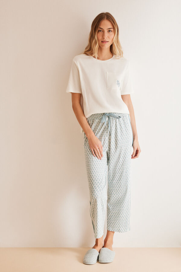 Womensecret Pyjama 100 % Baumwolle Capri geometrischer Print Naturweiß