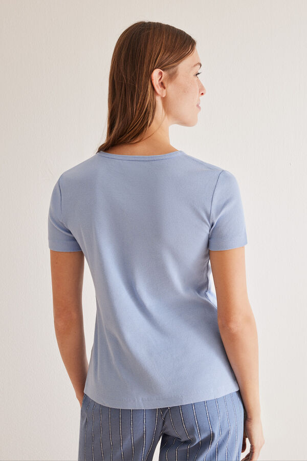 Womensecret Plava majica od 100 % pamuka s ovratnikom s gumbima i kratkim rukavima Plava