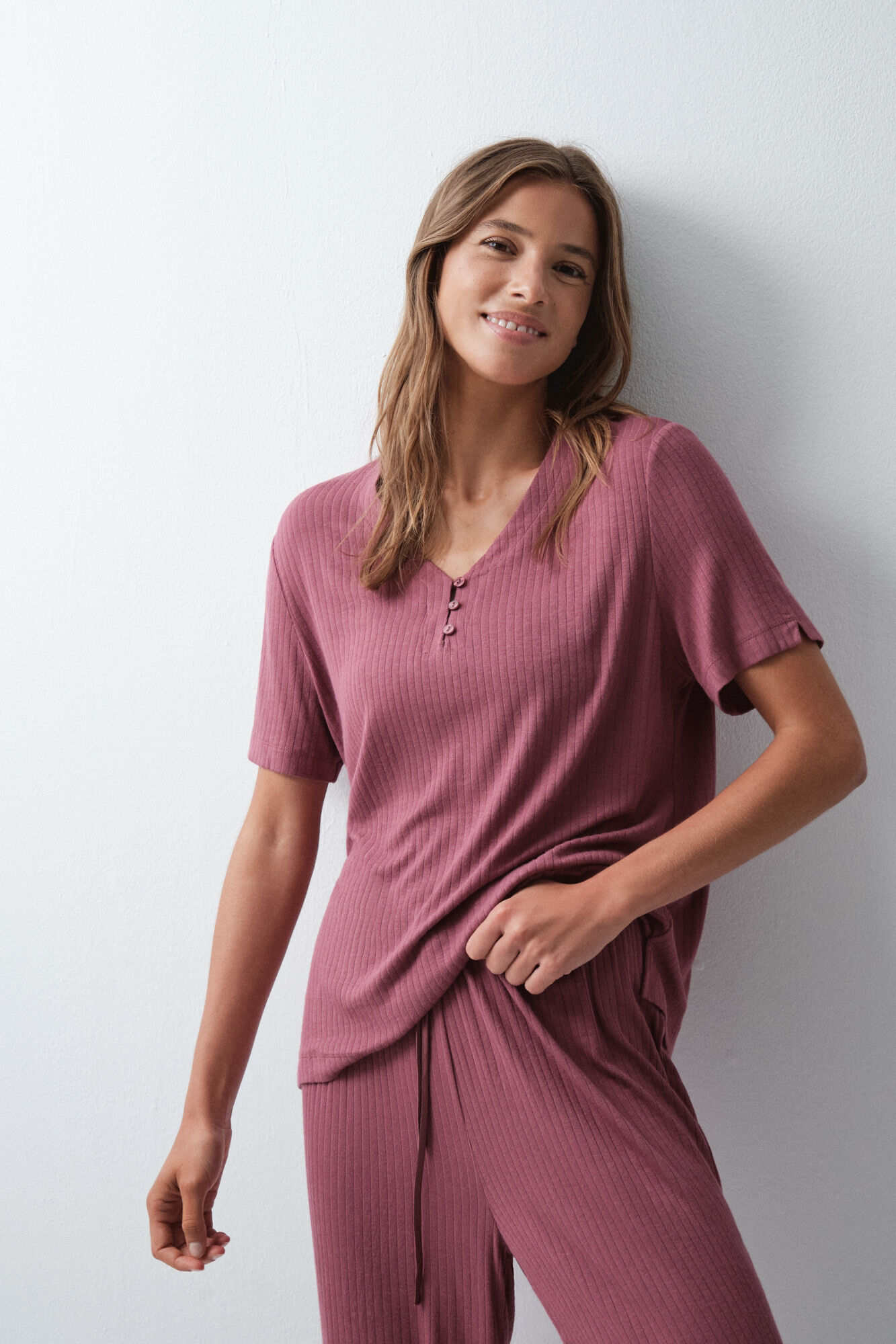 Women'secret Pyjama long manches courtes bordeaux