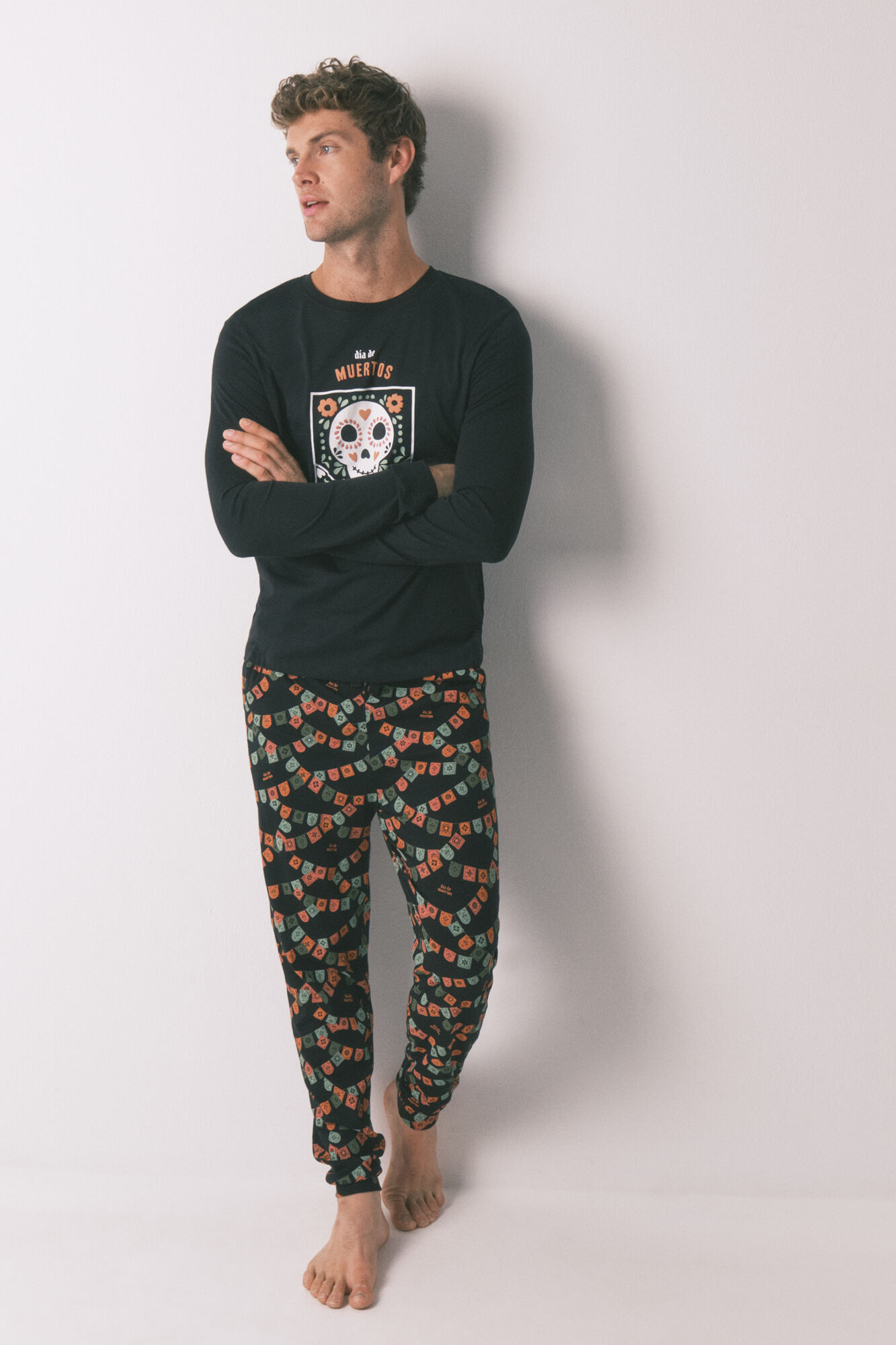 Women'secret Pyjama long &laquo; Jour des Morts &raquo; 100 % coton noir