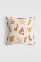 Textura Cotton cushion case with embroidered leaves white