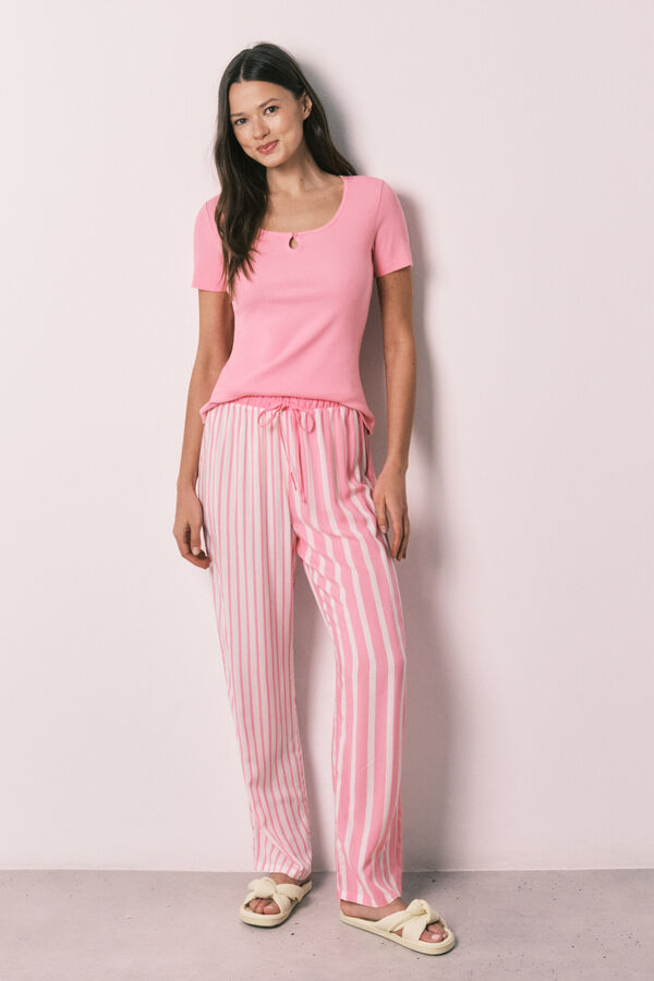 Women'secret Pink cotton and viscose short sleeve long pyjamas pink