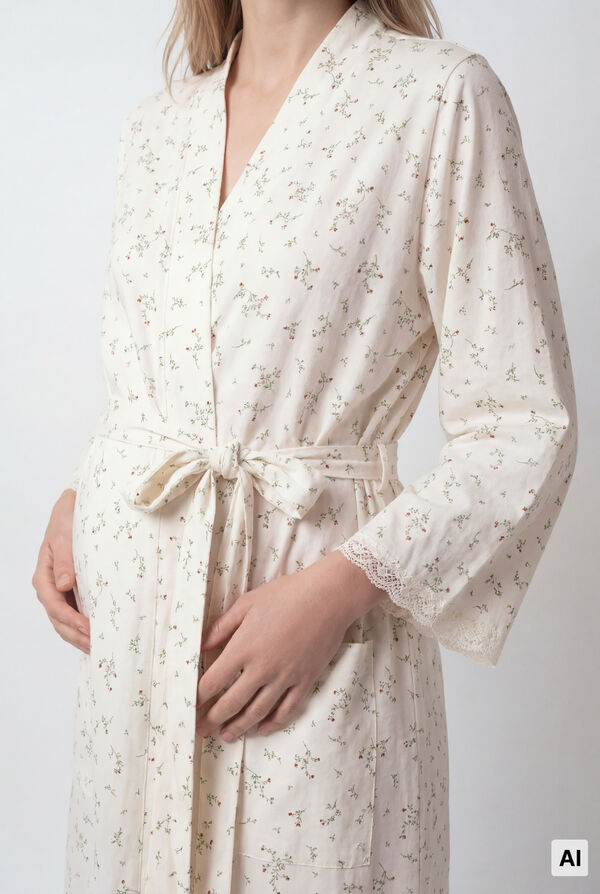 Women'secret Floral cotton midi robe beige