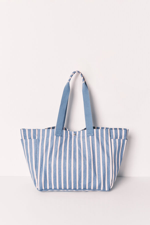 Women'secret Mala tote bag em algod&atilde;o estampado &agrave;s riscas azul