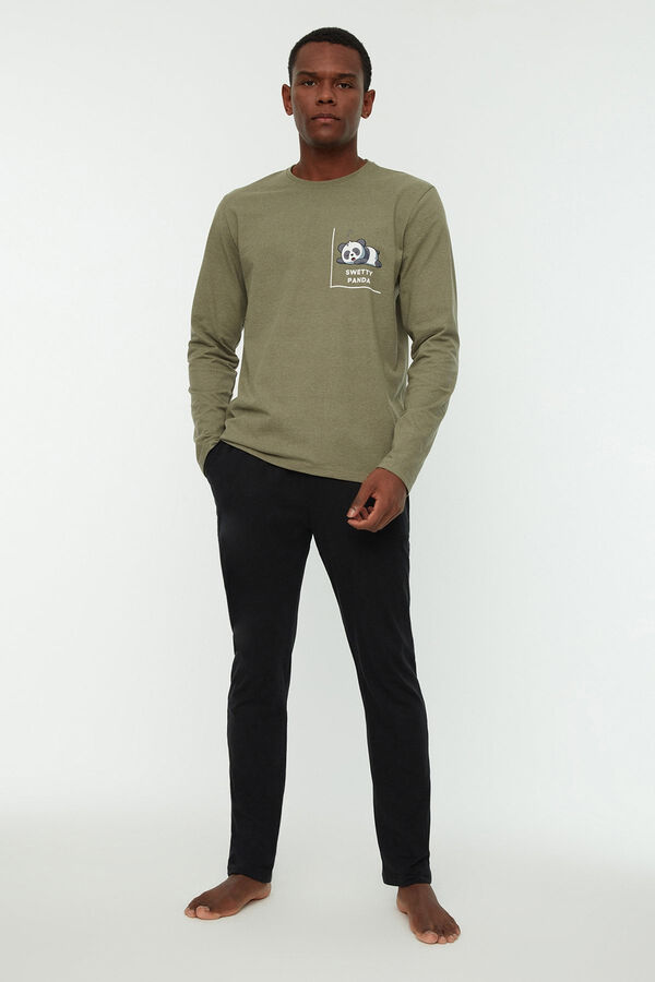 Trendyol Conjunto pijama liso hombre dibujo panda kaki