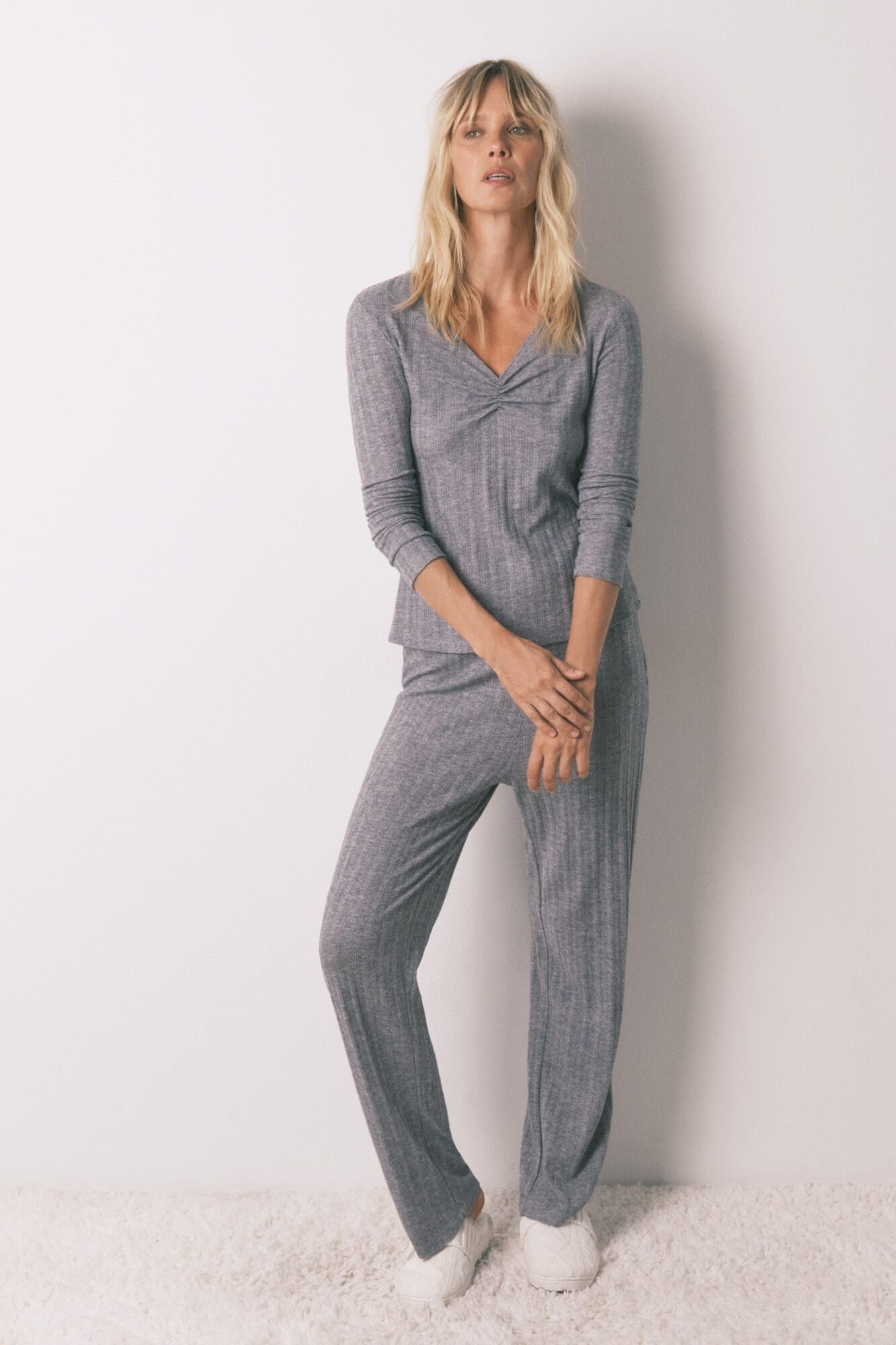 Women'secret Long pyjamas grey tricot jersey-knit pajamas