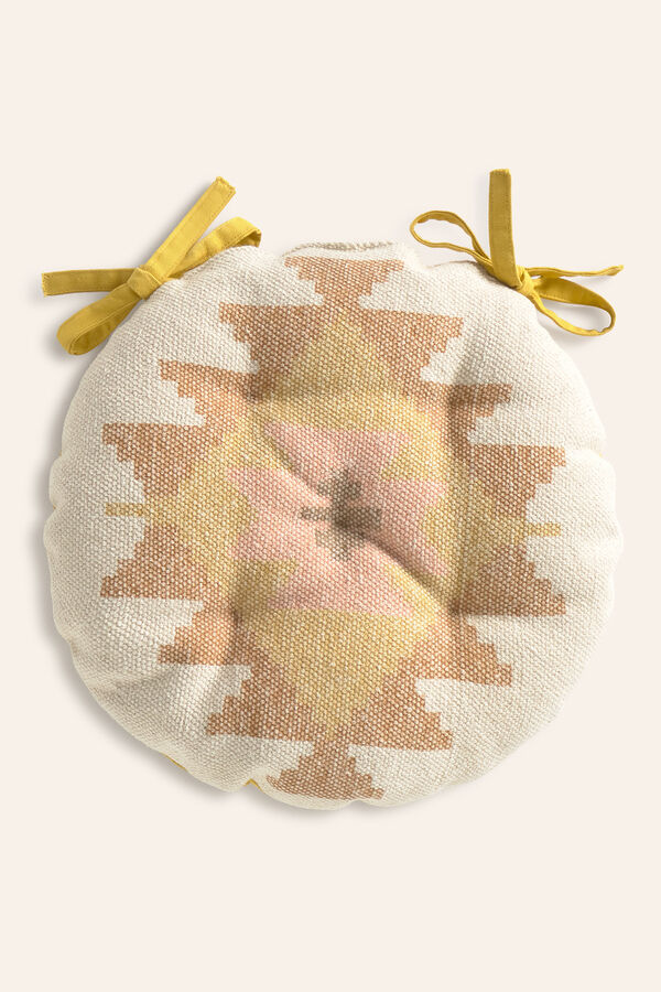 Calma House Berta rundes Stuhlkissen aus senfgelber Dhurrie-Baumwolle mit Print