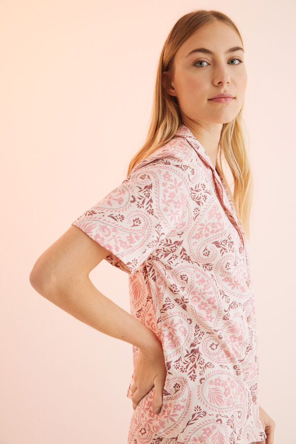 Womensecret Kasmírmintás, hosszú, inges pizsama 100% pamutból rózsaszín
