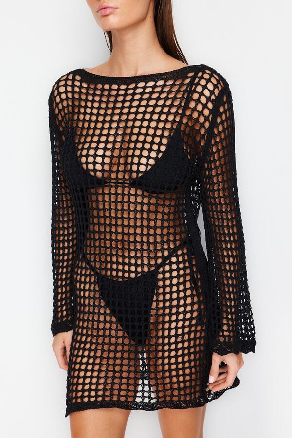 Trendyol Vestido corto crochet manga larga negro