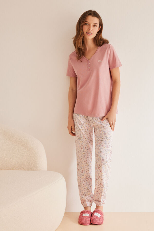 Womensecret Pijama largo 100% algodón flores manga corta rosa