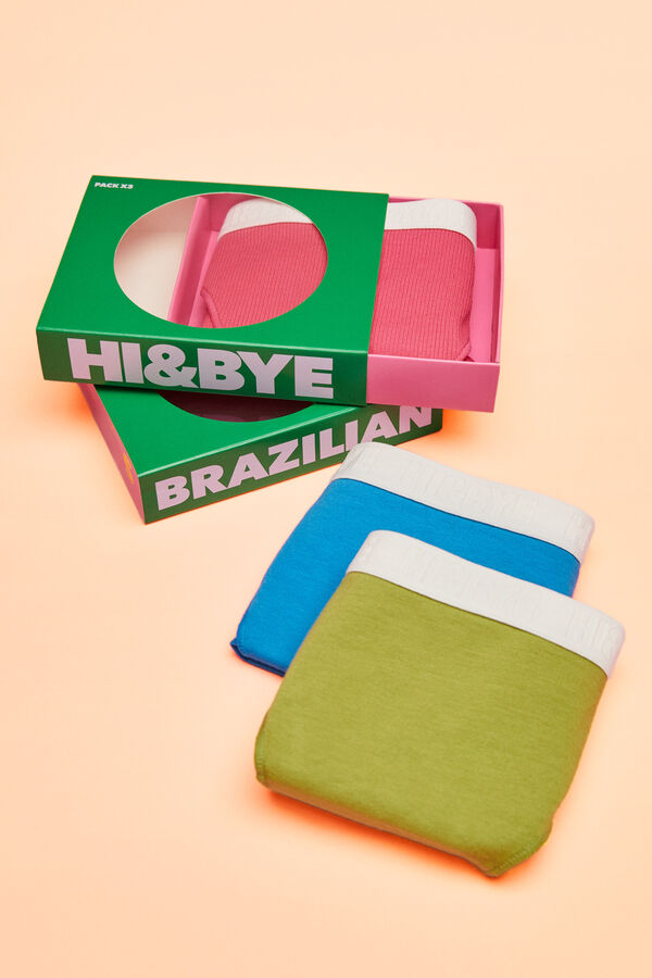 Womensecret Pack 3 braguitas brasileñas algodón logo verde, fucsia y azul blanco