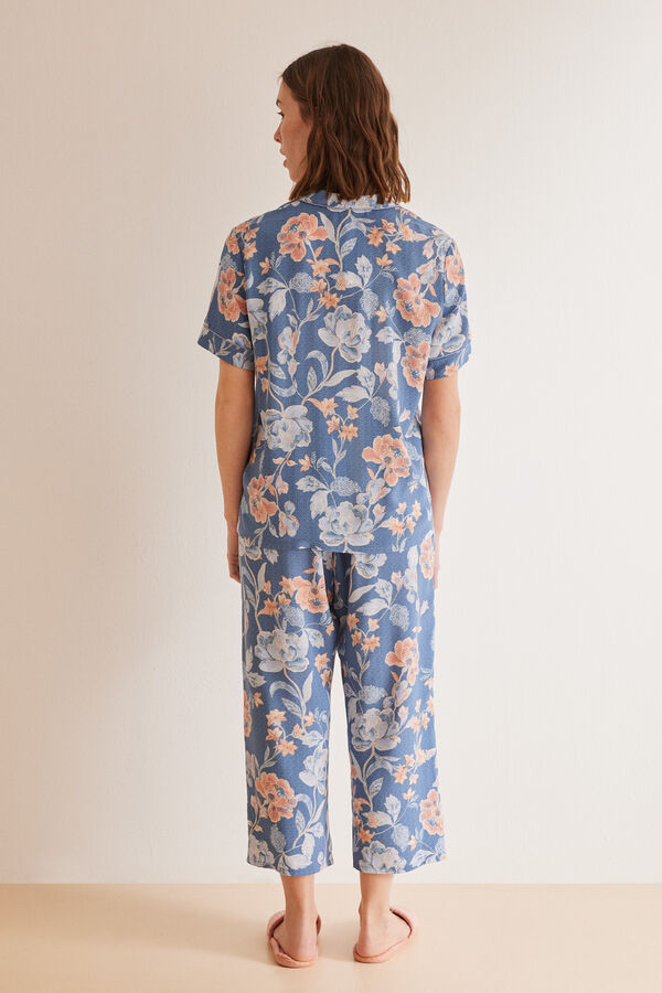 Womensecret Pyjama Hemdlook Caprihose Blumen Blau Blau
