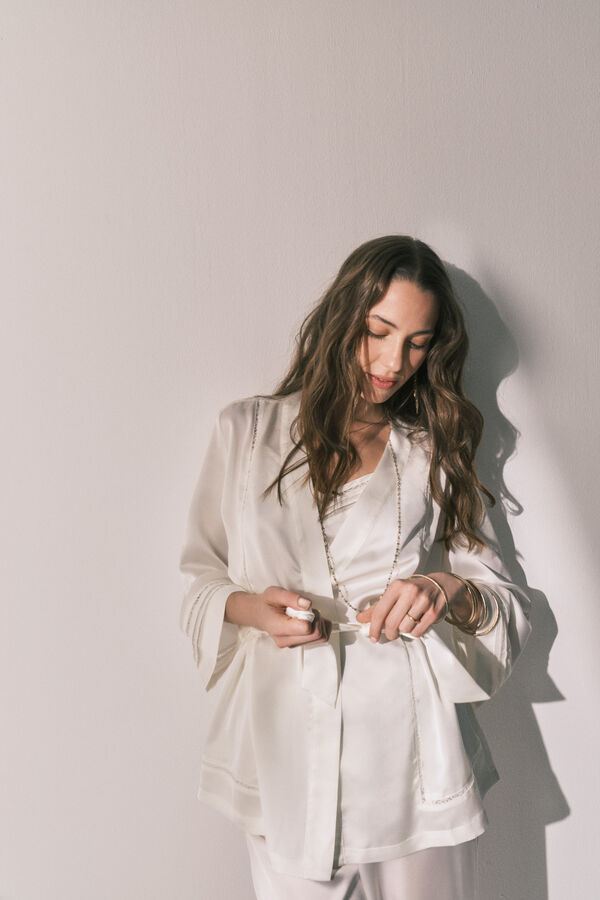 Women'secret Long pyjama and satin robe set in White beige