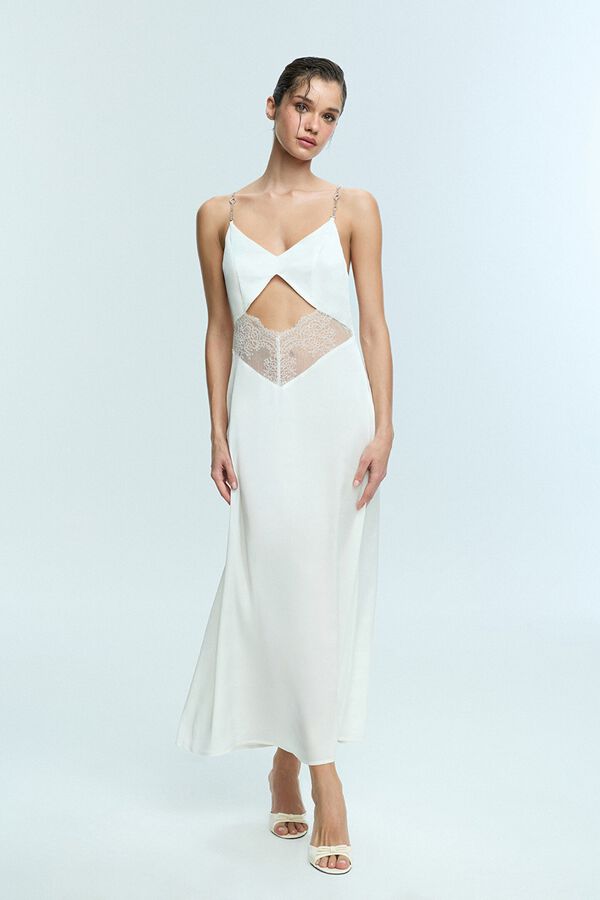 Penti Długa satynowa koszula nocna ślubna z rozcięciem i koronką kość słoniowa