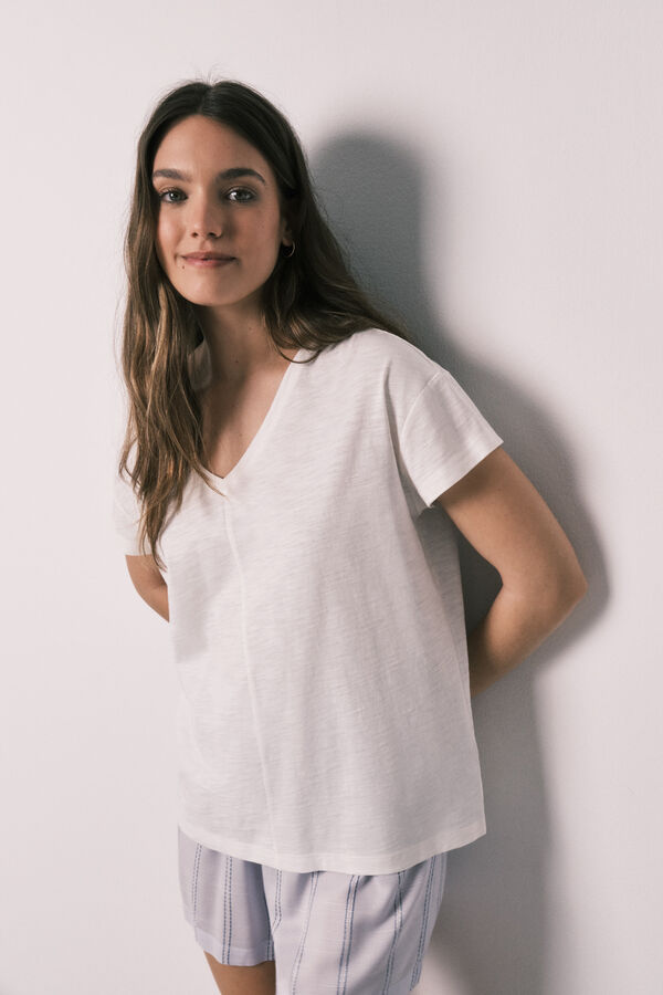 Women'secret Striped cotton and viscose short pyjamas beige