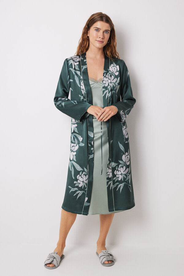 Womensecret Robe de chambre longue satin fleurs vert