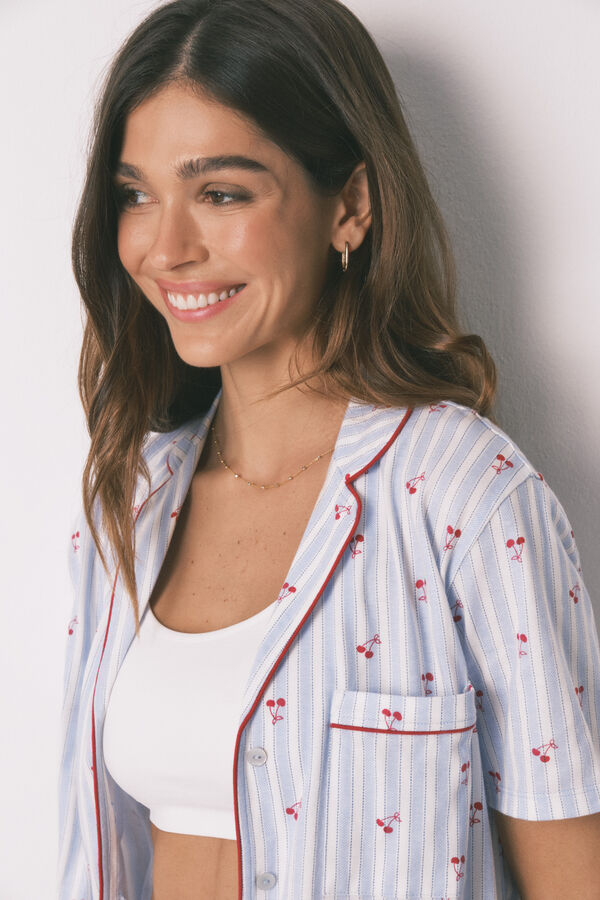 Women'secret Pyjama chemise en coton &agrave; rayures cerises bleu