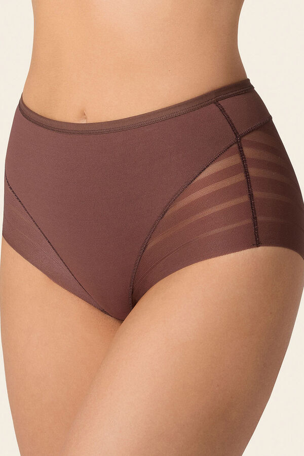 Leonisa Cueca cinta cl&aacute;ssica com controle moderado da barriga e faixas de tule castanho