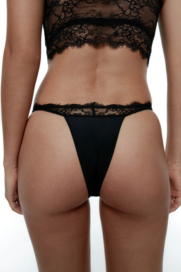 Black Limba microfibre and lace thong Noir black