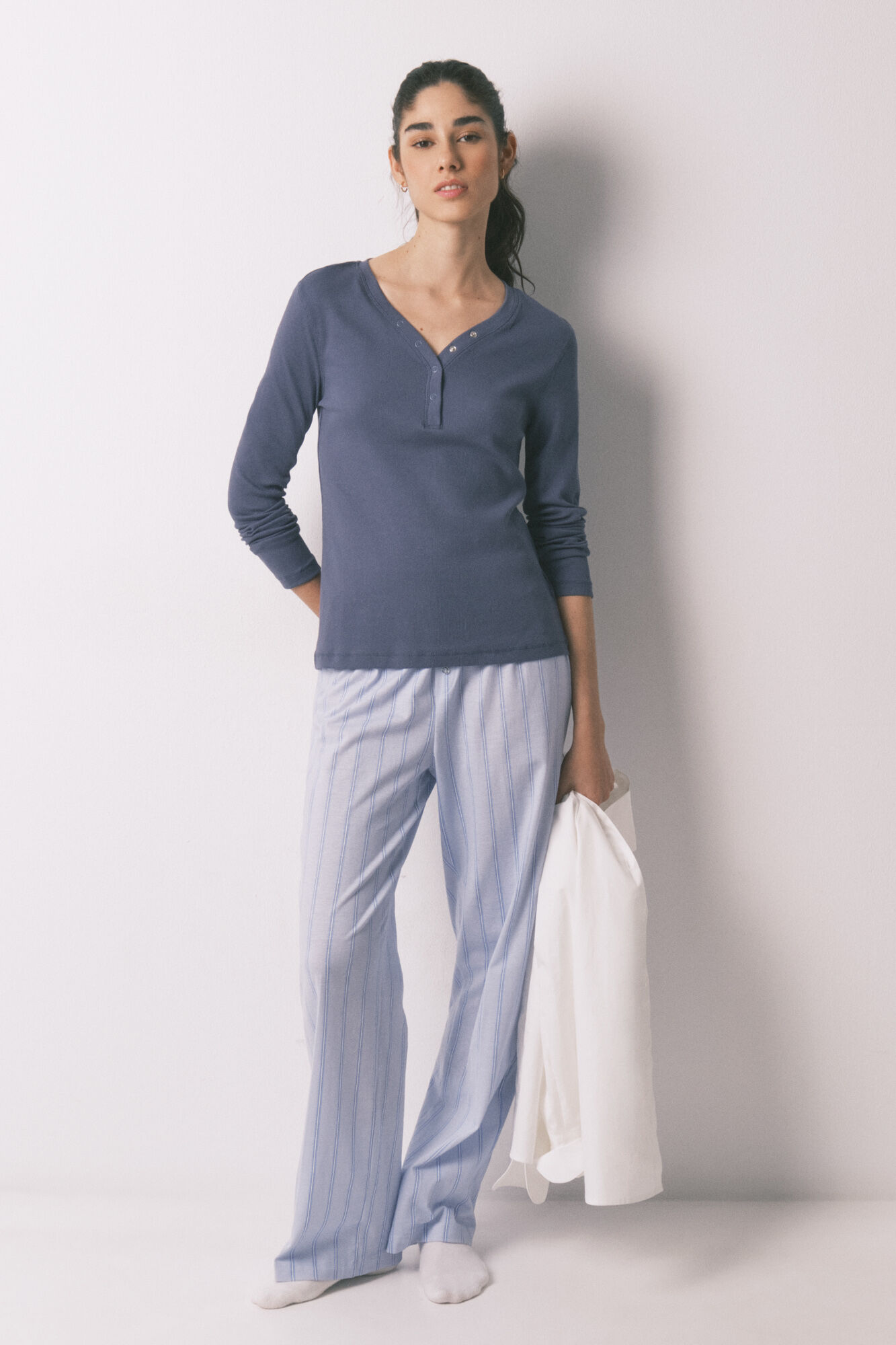 Women'secret Blaues Baumwoll-Rippstrick-Langarmshirt